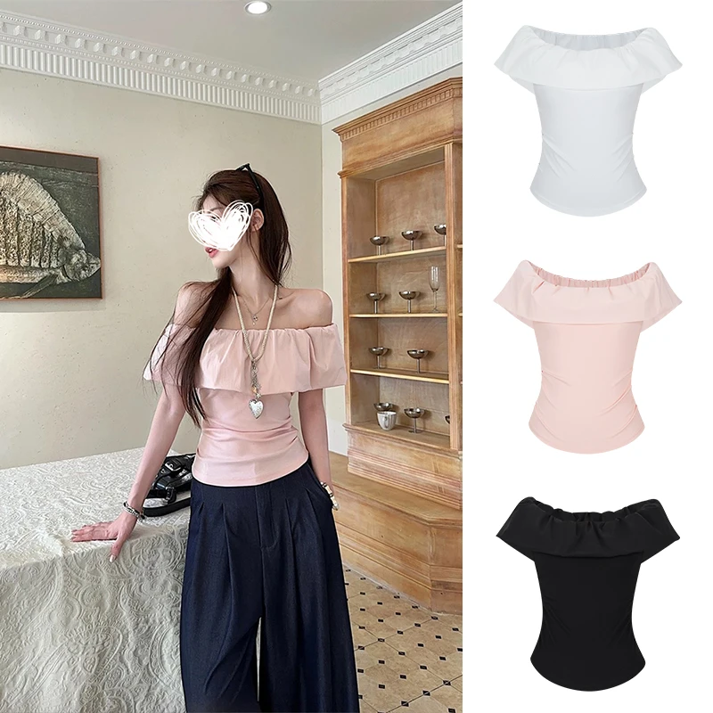 Moses Queen/魔西女王粉色荷叶边一字肩露肩短袖t恤修身法式上衣
