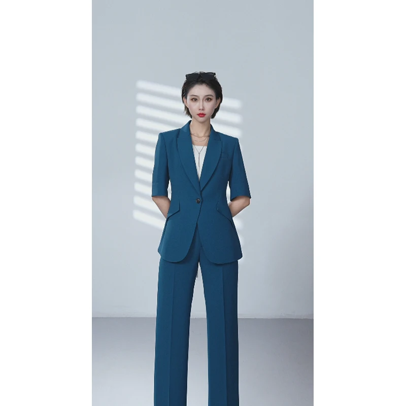 深海蓝夏款短袖时尚轻奢显瘦轻职西装套装高端女士气质西服两件套