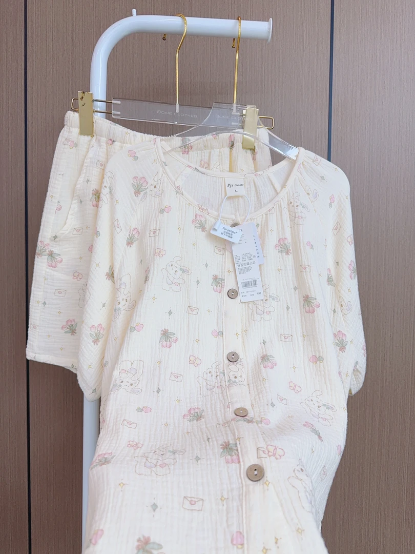 100棉双层纱布皱纱棉短袖短裤套装睡衣套装