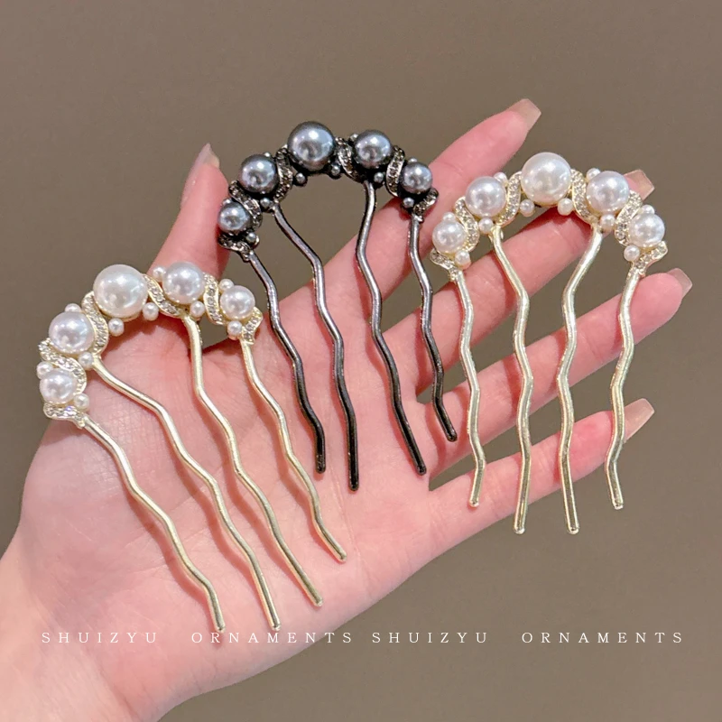新中式旗袍u型珍珠发簪高级感盘发神器发钗簪子四齿插梳发卡头饰