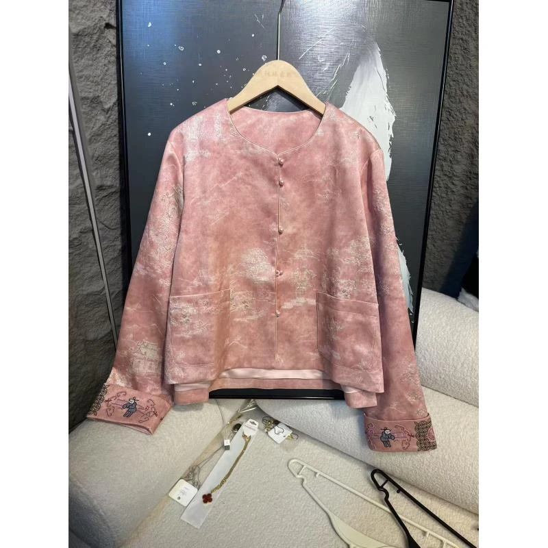 春秋中式国风高密刺绣外套女气质减龄垂直优雅上衣6208