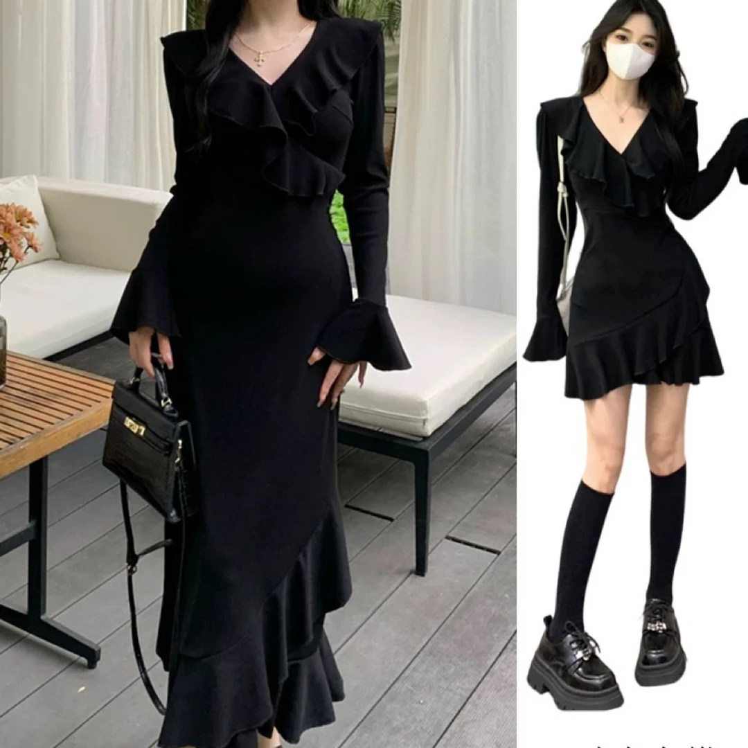 依依家大码女装813早秋赫本风黑色V领收腰显瘦鱼尾气质连衣裙
