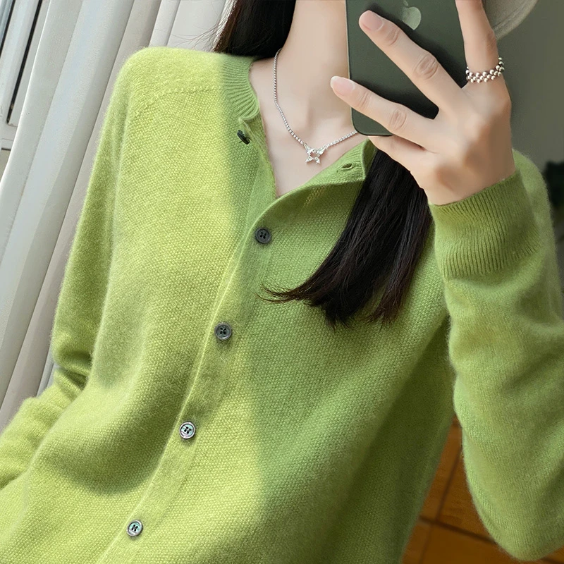一线成衣~100%美丽诺纯羊毛衫女开衫圆领宽松休闲气质百搭针织衫3