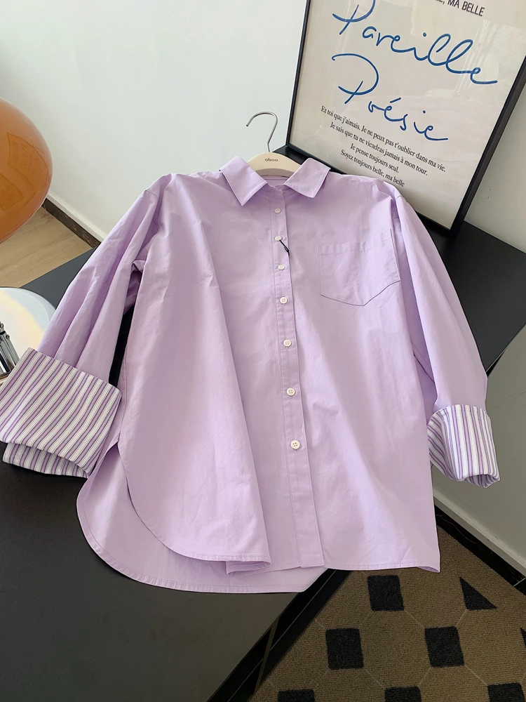 紫色长袖衬衫外套女衬衣中长款遮屁股洋气宽松慵懒风气质上衣25春