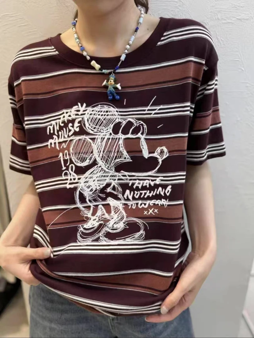 Z737 纸袋家米奇刺绣酱红条纹短袖 A0651