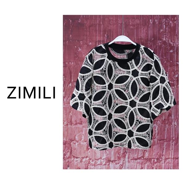 【亮哥女装】2025夏欧版重工设计杏/黑撞色勾花蕾丝镂空短袖9001