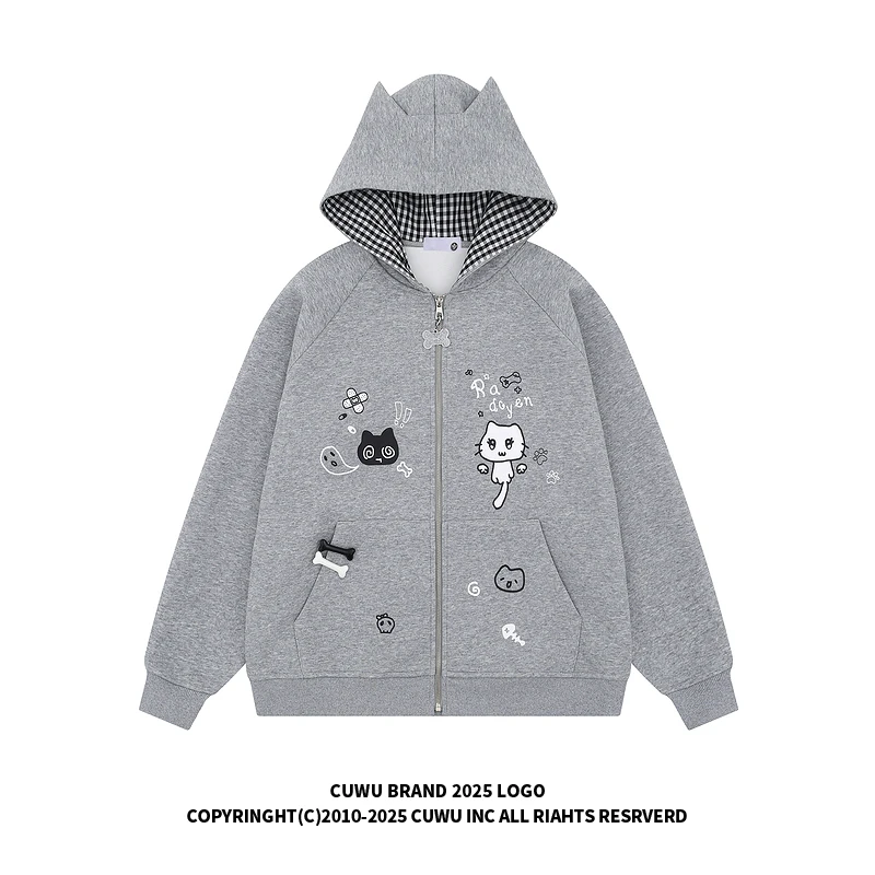cuwu可爱卡通小猫印花灰色连帽卫衣女男秋季韩系慵懒chic开衫外套