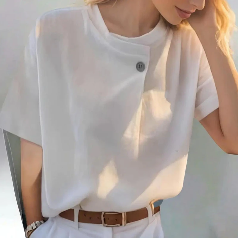 夏季新款纯棉一粒扣白色短袖t恤女士宽松极简风显瘦时尚百搭上衣