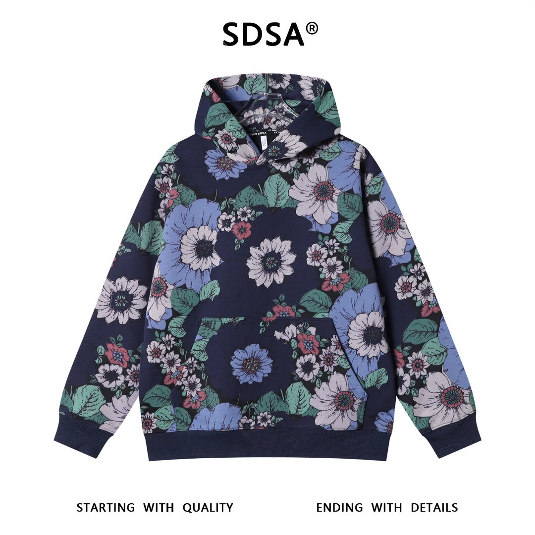 SDSA男士秋冬新款痞帅男装复古撞色植物花卉印花连帽卫衣百搭宽松