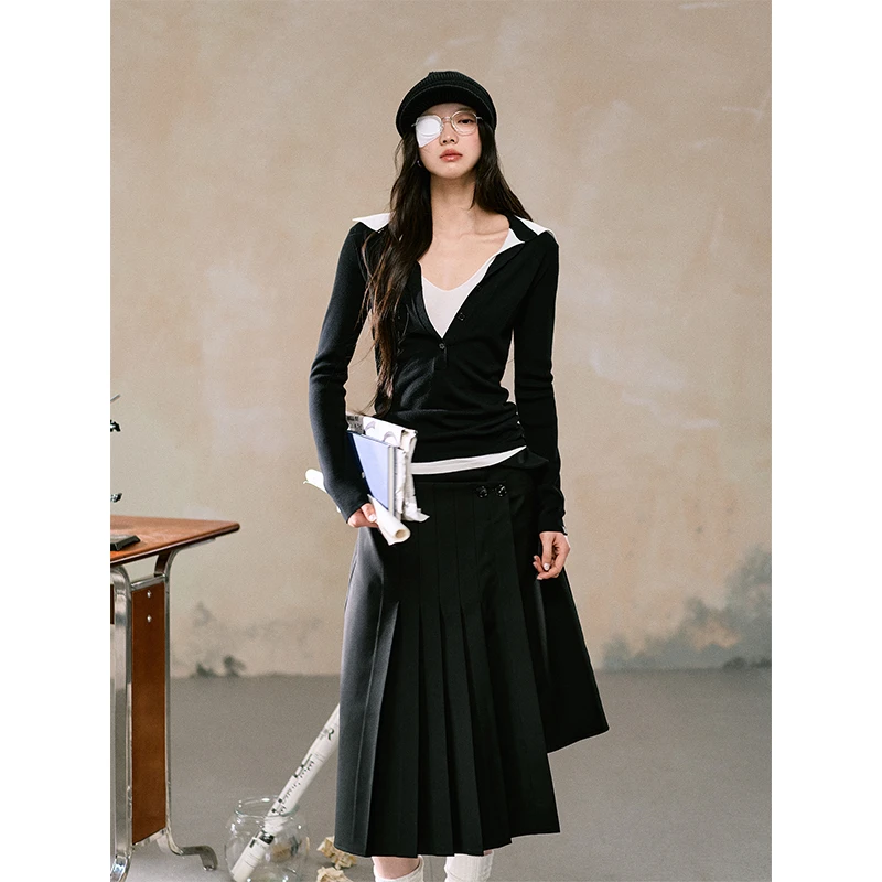 【LaluneDuCiel】LLDC拼接假两件针织衫+绑带半裙女套装LABQ00637