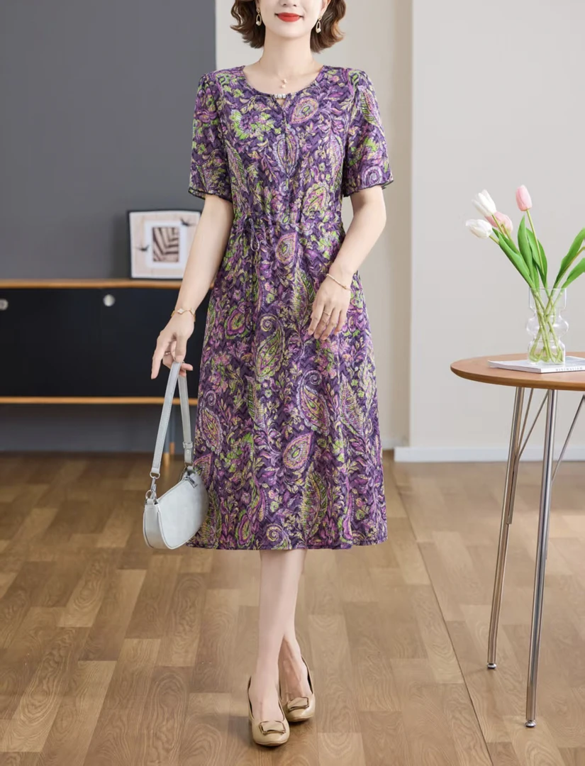 【专柜限量】新款短袖碎花抽绳洋气时尚遮肚显瘦收腰女神连衣裙