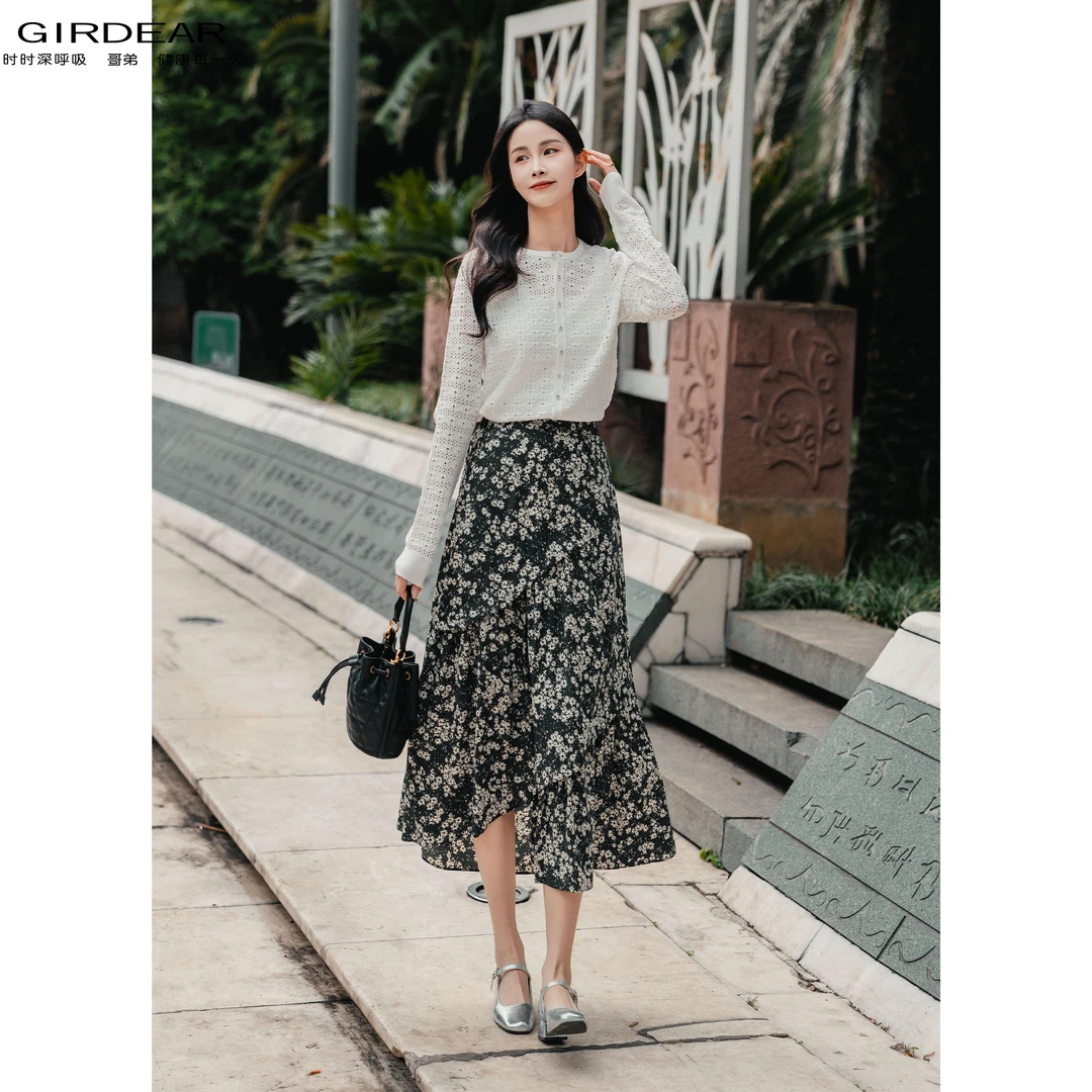 GIRDEAR/哥弟新款时尚气质百搭纱质印花伞裙显瘦半身裙女 1200318