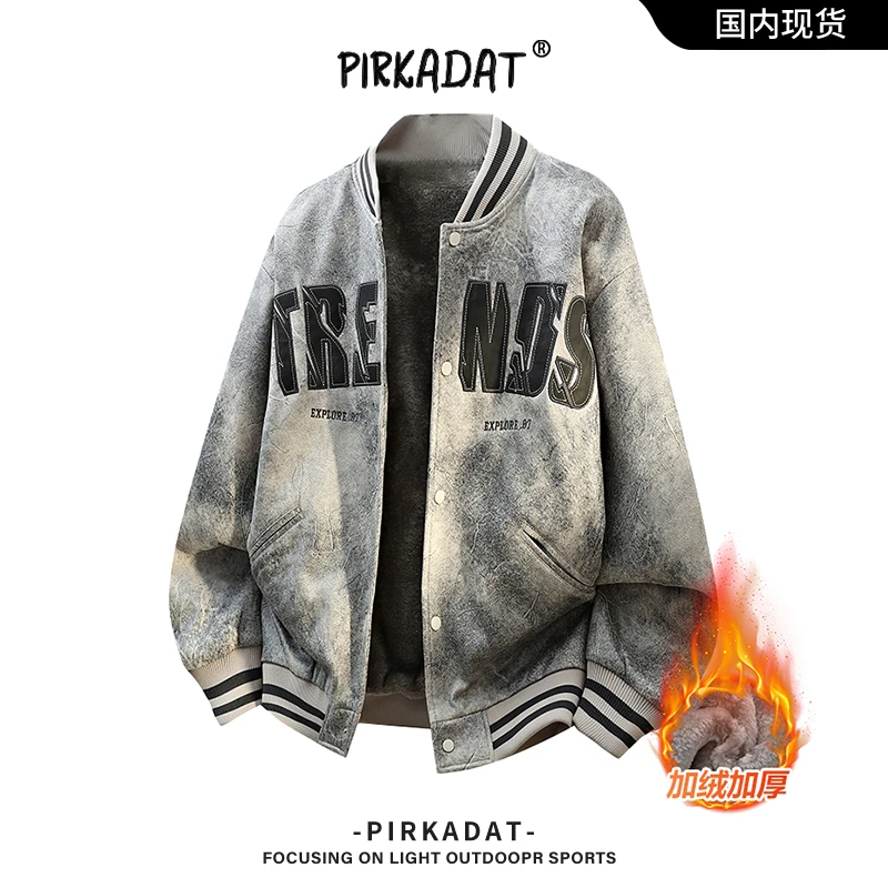 Pirkadat鹿皮绒棒球服男冬季大码加绒加厚K行员外套情侣同款夹克