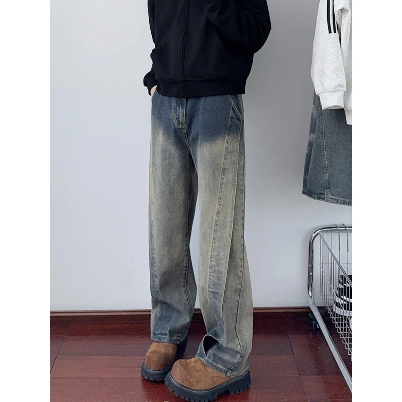 解构设计感渐变牛仔裤男款春秋季宽松直筒阔腿裤子美式复古休闲裤