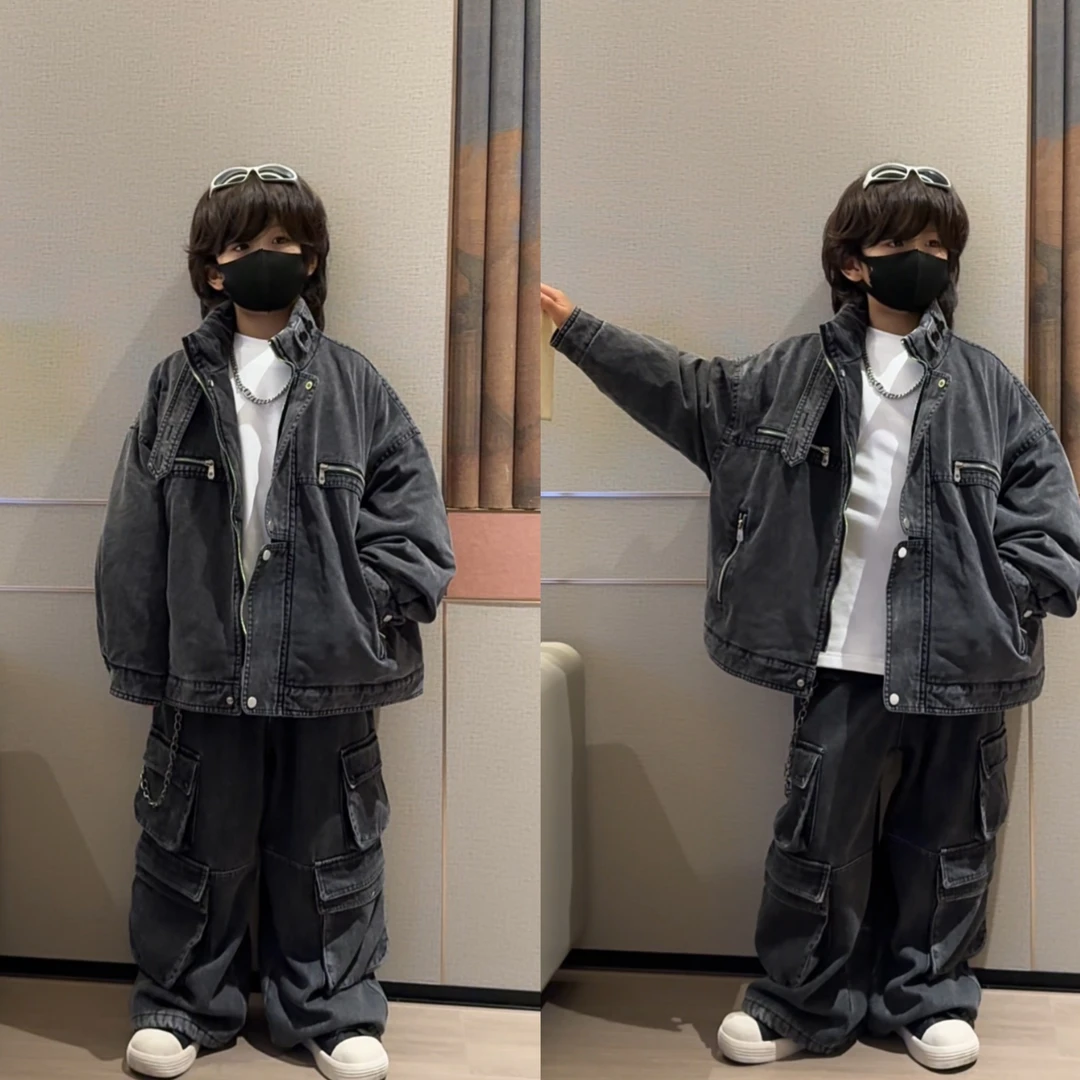 乐乐家儿童复古工装牛仔二棉外套夹克式拉链上衣时髦潮酷