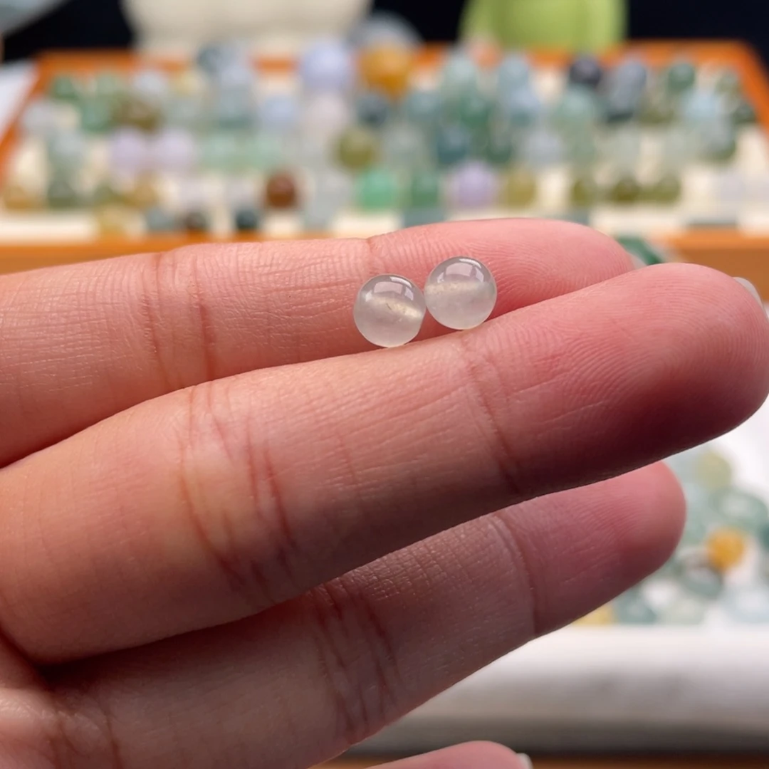 散珠翡翠天然缅甸翡翠a货冰圆珠一对5.5