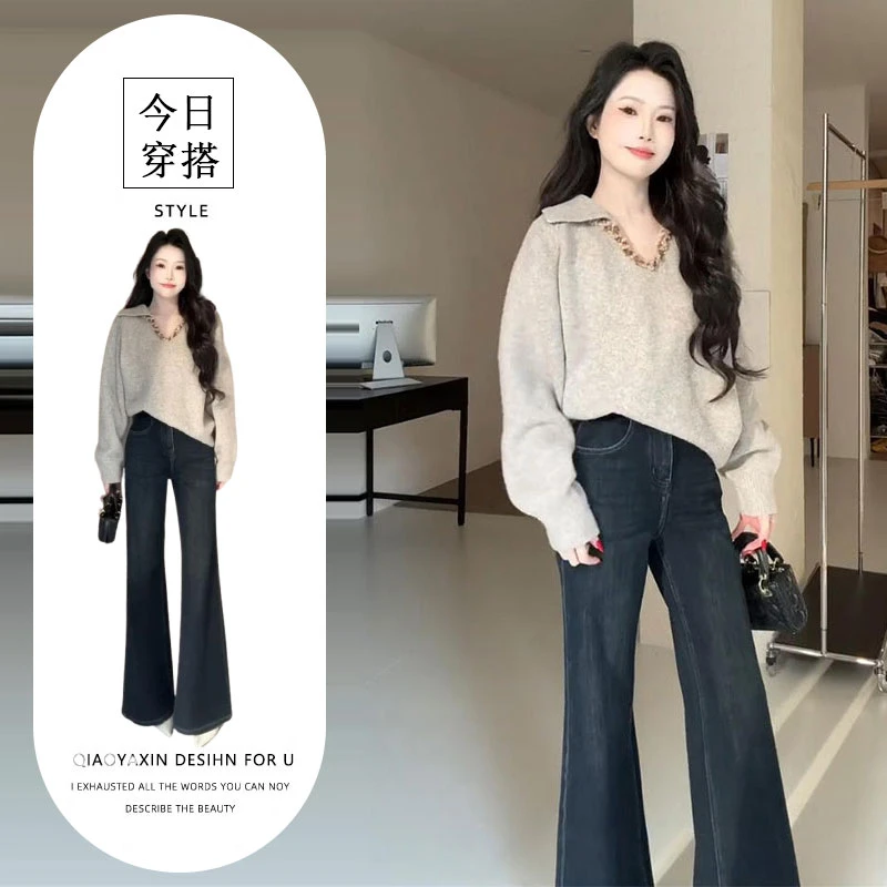 2025秋季新款港风复古小香风polo领针织衫上衣高腰牛仔裤两件套女