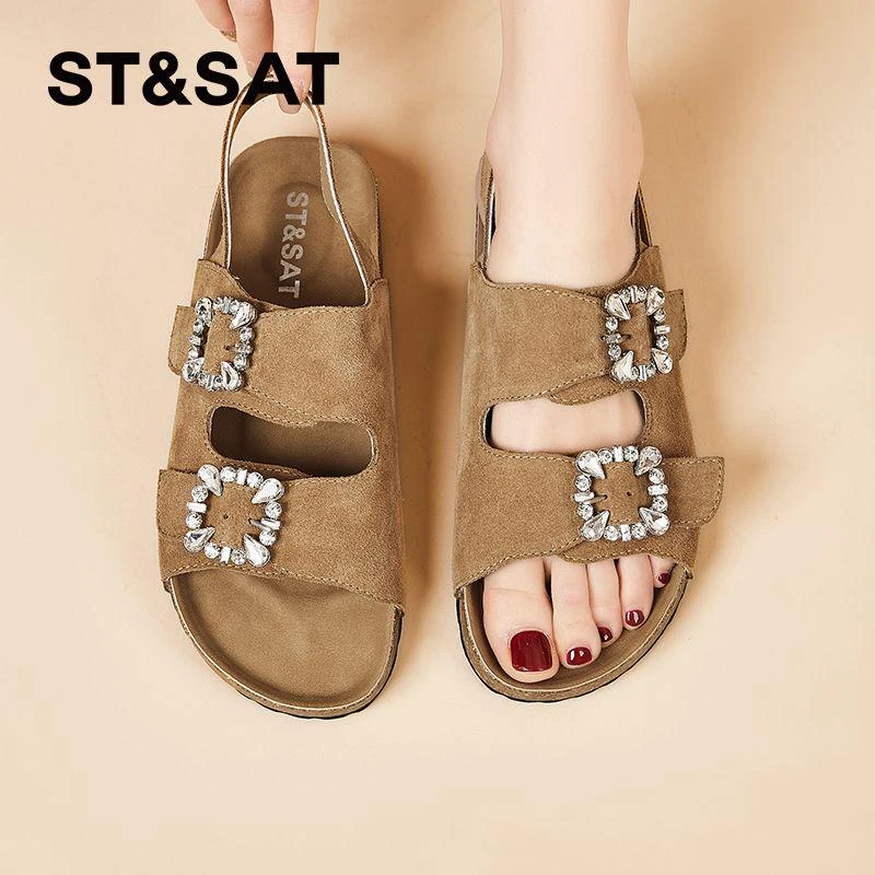 星期六勃肯沙滩鞋女夏季新款时尚水钻复古魔术贴休闲凉鞋女鞋