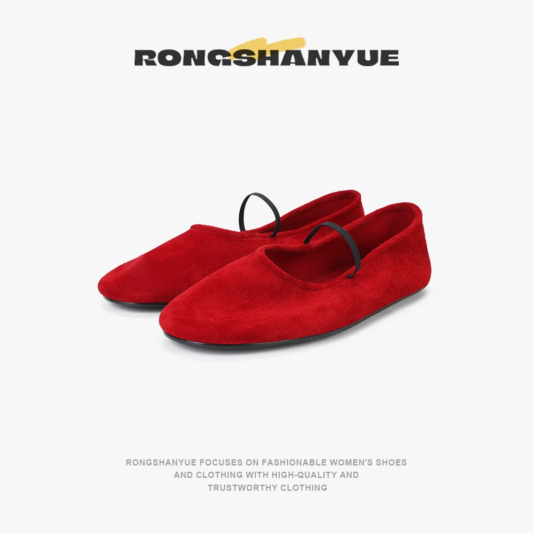 Rongshanyue超软鹿绒浅口玛丽珍单鞋女法式复古平底芭蕾鞋B1282