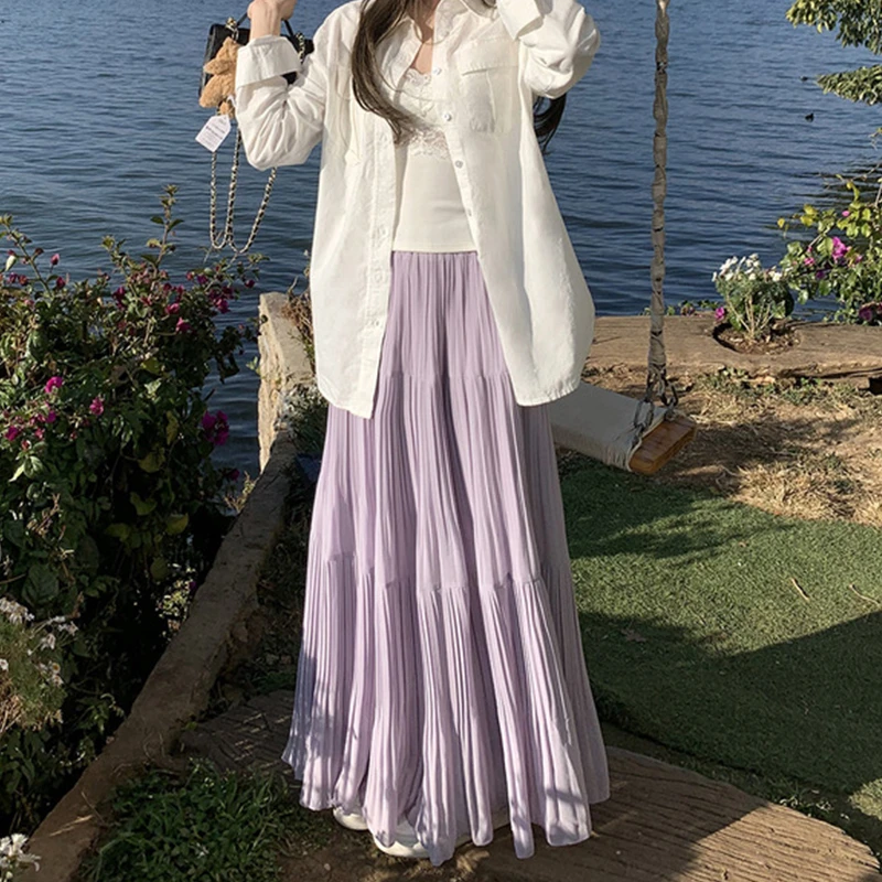 伯克利紫色压褶半身裙春夏温柔气质百搭伞裙大裙摆a字蛋糕裙长款