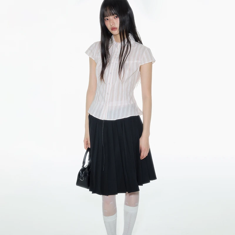 Onthereverse原创设计甜美少女感百搭条纹翻领收腰小飞袖短袖衬衫