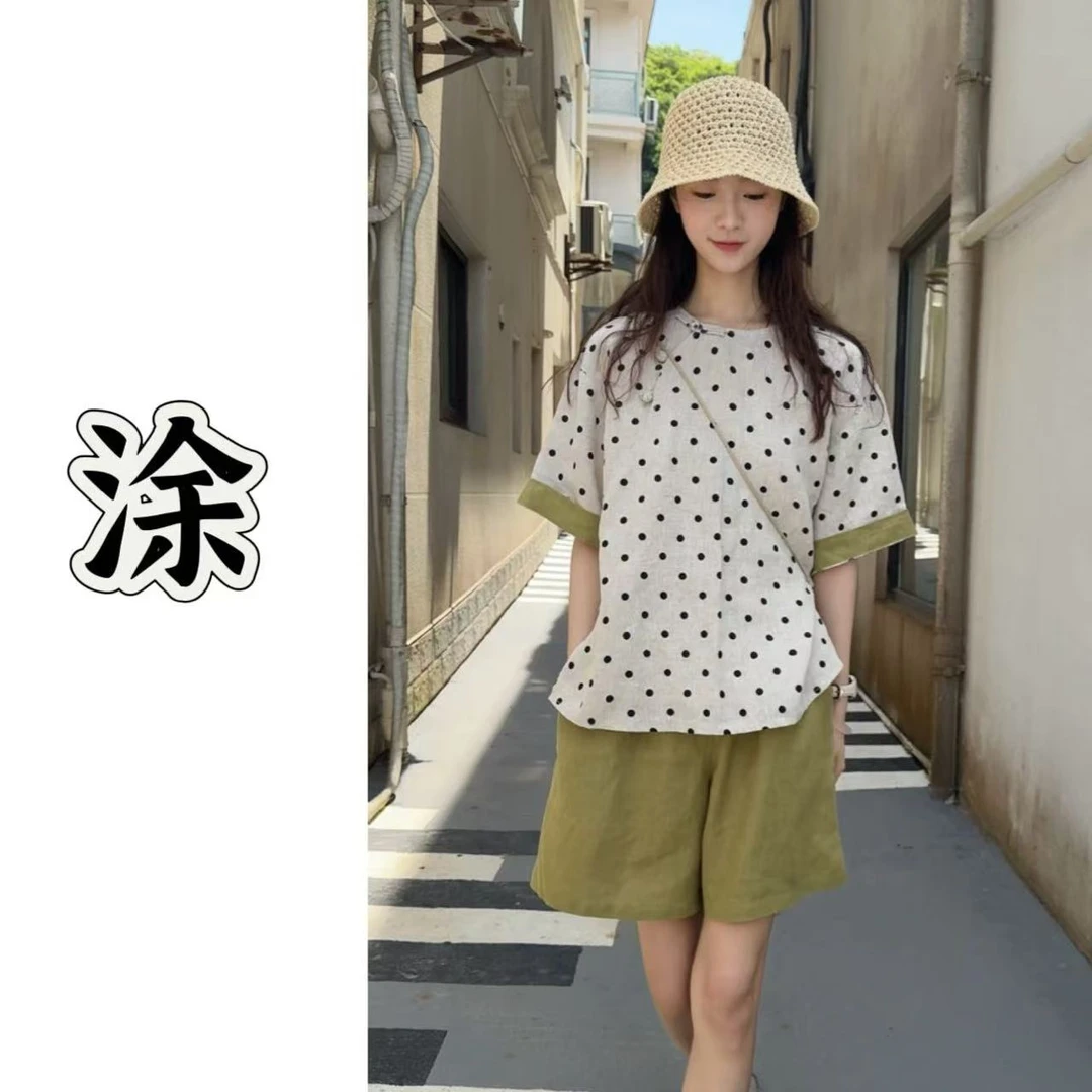 涂涂国风【亚麻小圆点】原创设计新中式夏季新款亚麻波点小衫