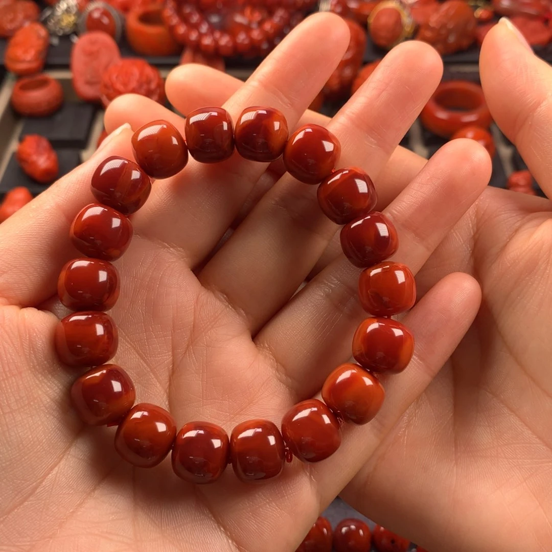 南红玛瑙牛血红老型手串12MM+未镶嵌