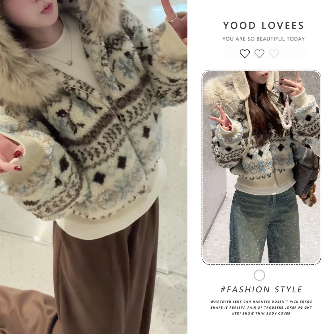 时尚提花毛领设计感连帽短外套女士冬季新款加厚保暖百搭宽松棉衣