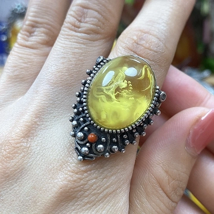 琥珀银S925镶嵌戒指戒指