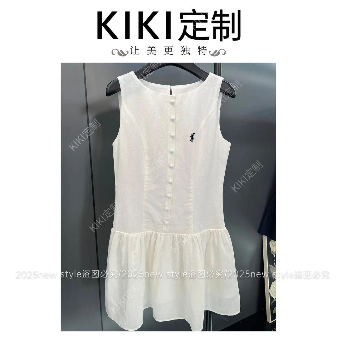 【KiKi】拉夫白色减龄休闲设计师高奢无袖连衣裙