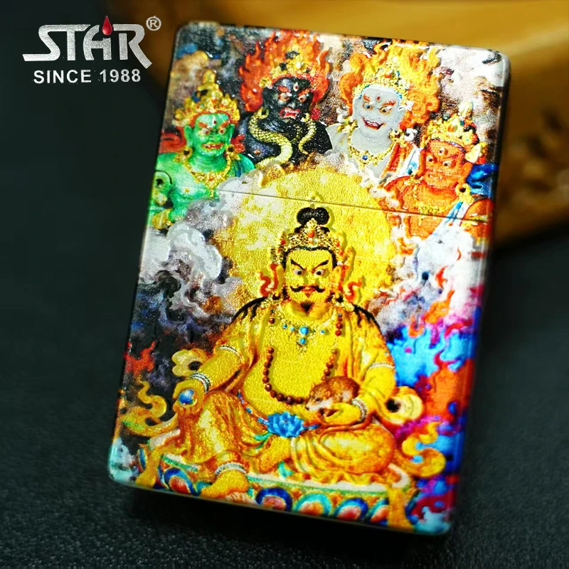 STAR恒星ST9描金珐琅彩五路财神黄财神煤油打火机描金煤油机