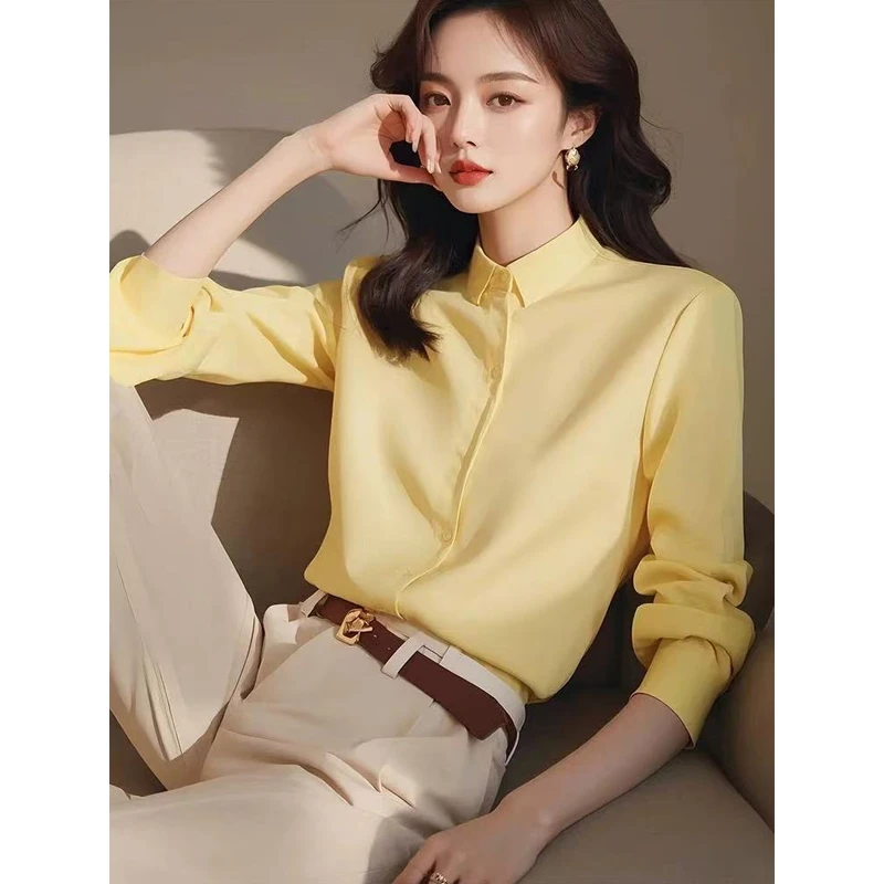 法式独特漂亮小众设计感高级时尚百搭通勤黄色长袖衬衫女2025套装