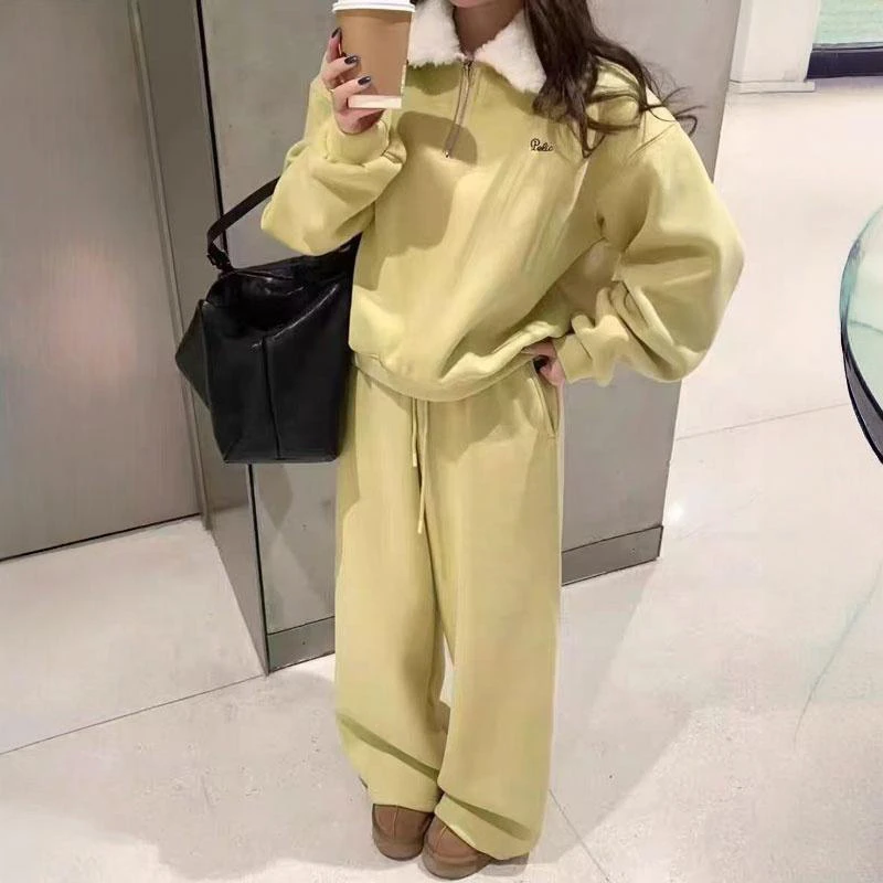 加绒加厚休闲运动套装女秋冬新款高级感翻领卫衣阔腿裤保暖两件套