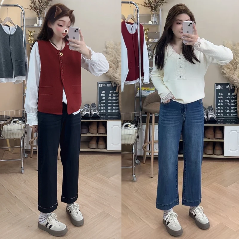 高腰直筒显瘦牛仔裤女2025年夏季新款小个子九分裤胖mm弹力阔腿裤