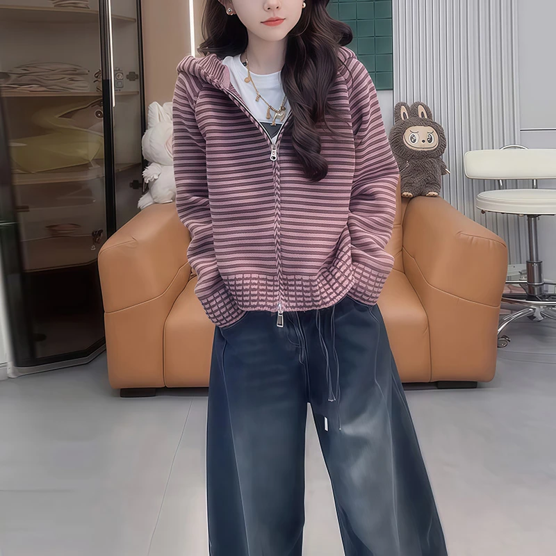 设计感韩系慵懒风毛衣女秋季新款宽松连帽条纹针织开衫外套上衣潮