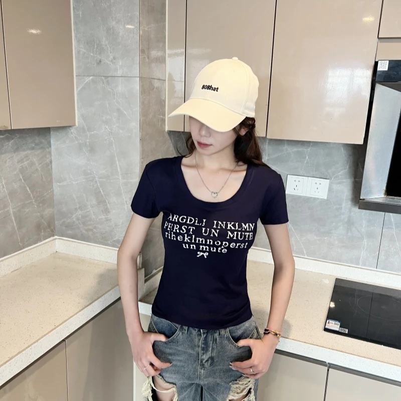 洛凡思设计感u型领短袖女上衣2025夏季新款时尚字母藏蓝色修身t恤