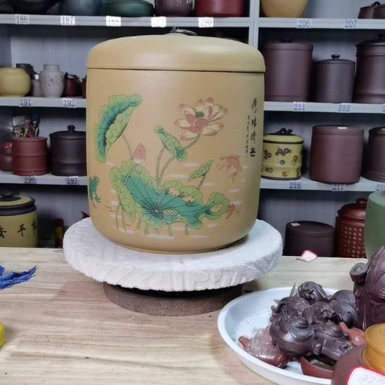 紫砂茶叶罐处理七饼直筒荷花6