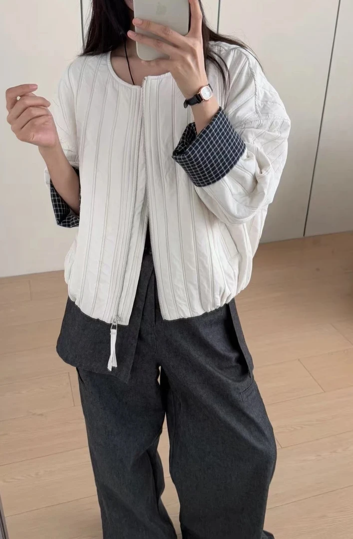 新款韩版圆领长袖棉服外套女宽松百搭薄款棉衣夹克上衣女款2025