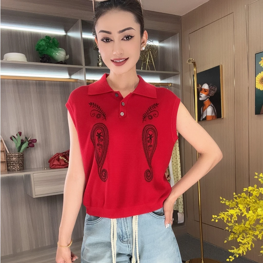 夏季刺绣无袖女翻领毛针织衫红色毛衣高街穿搭