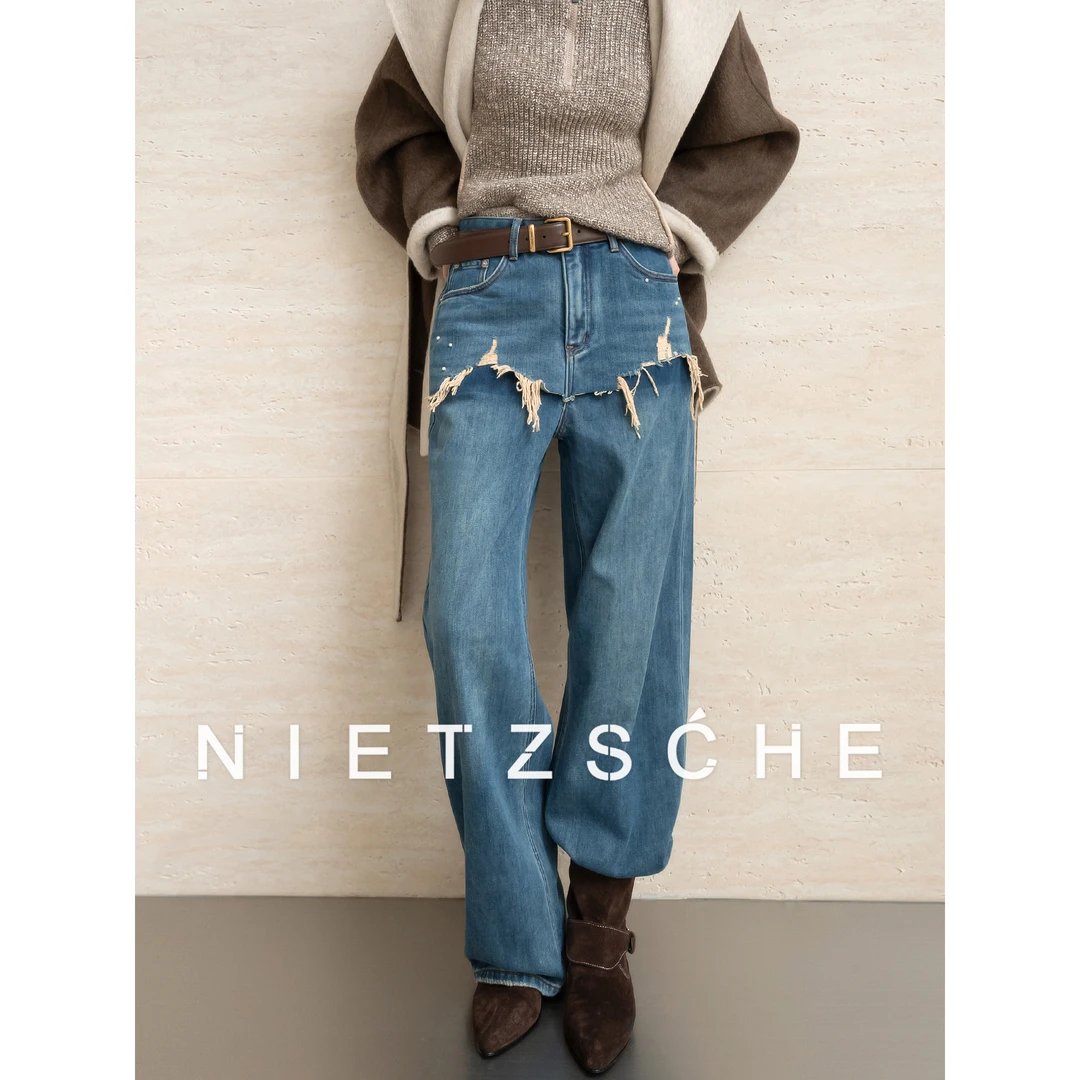 尼采 官方直营｜裙摆牛仔裤｜时尚百搭宽松显瘦 女装牛仔裤w1080