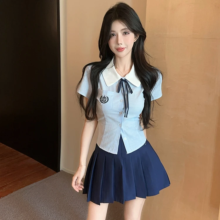 学院风JK制服套装女夏季小个子短袖衬衫百褶短裙收腰娃娃领两件套