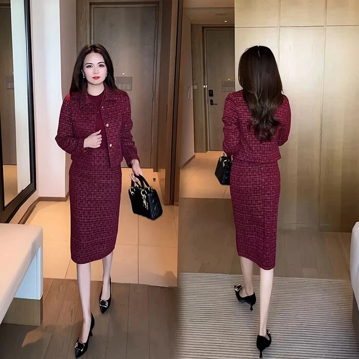 小香风洋气格纹外套连衣裙两件套2025秋冬新款时尚显瘦连衣裙套装
