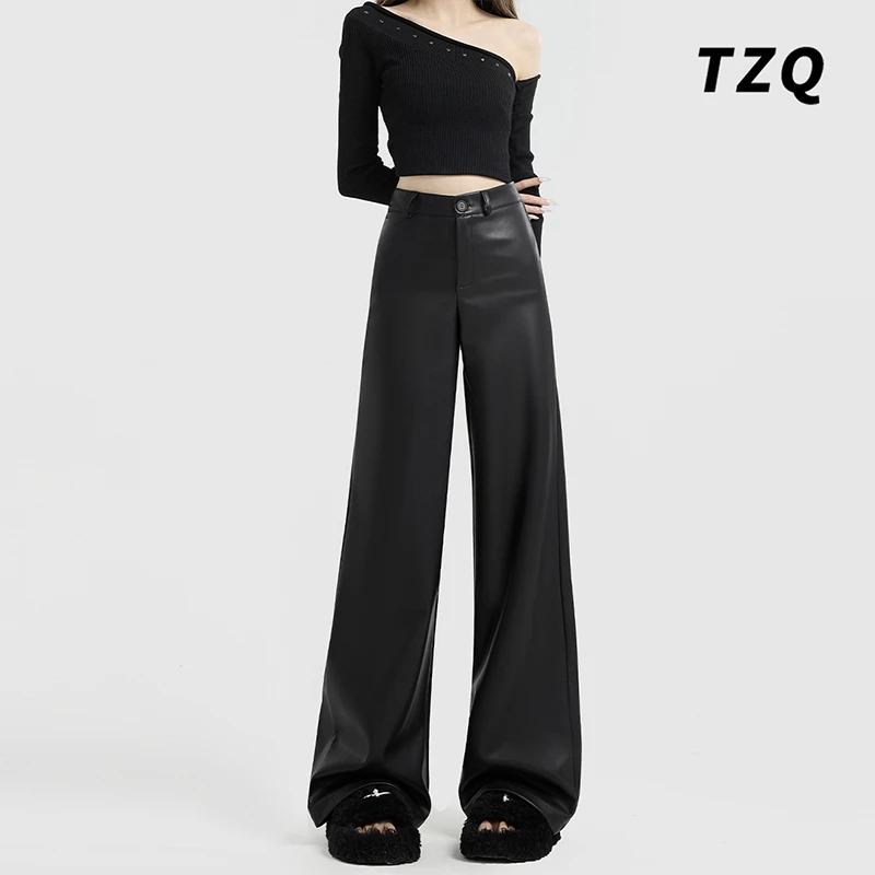 美式黑色皮裤女2025秋季新款小个子PU皮高腰直筒阔腿裤子TZQ82947