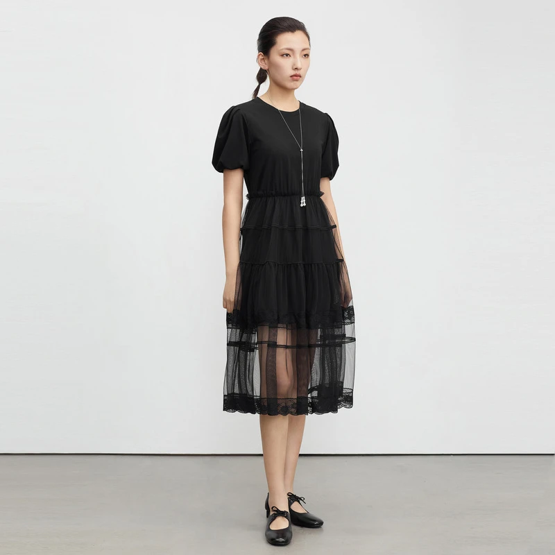 S·DEER圣迪奥蕾丝显瘦气质时尚女士夏季优雅拼接连衣裙S23261204