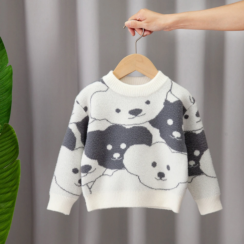 男女童加厚秋冬季灰白双拼小熊宽松款针织衫加绒毛衣卡通儿童宝宝