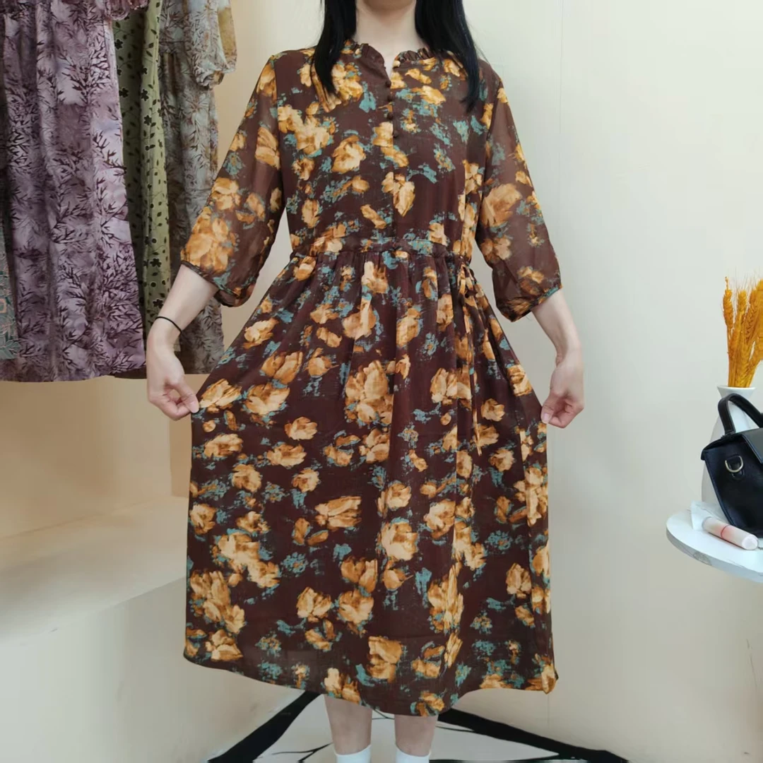 夏季新品连衣裙中式宽松复古中老年抽绳妈妈装国风文艺连衣裙