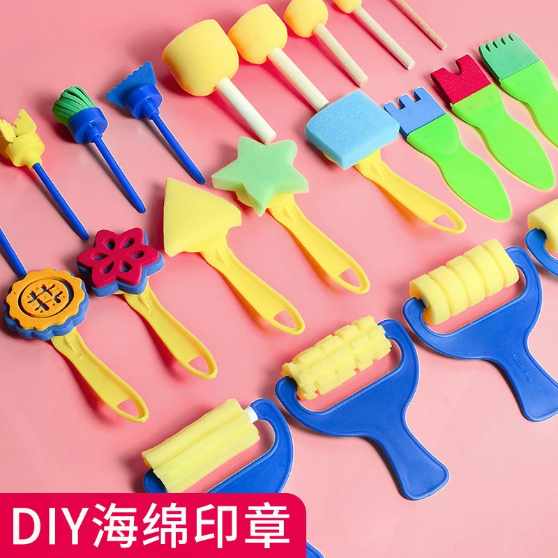 海绵印章儿童美术材料颜料拓印工具绘画幼儿园早教画画海绵棒画刷
