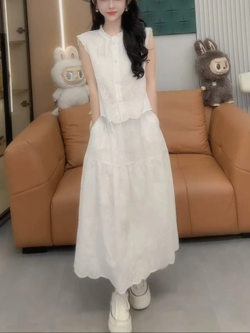 时尚套装夏季重工刺绣镂空无袖小衫半身裙透气洋气减龄显瘦两件套