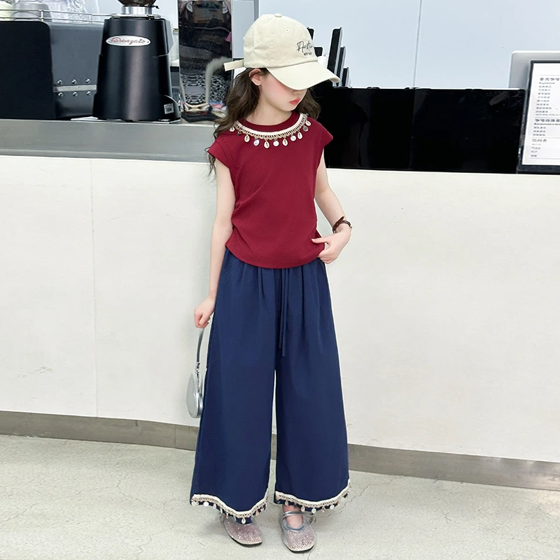 女童韩版夏季宽松童装套装2025新款小女孩休闲风阔腿裤两件套