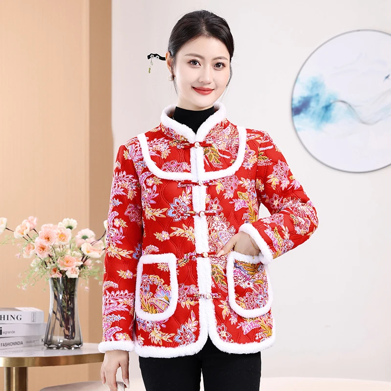 新款冬装妈妈中国风时尚女装碎花加厚2024新款外套短款大花棉袄